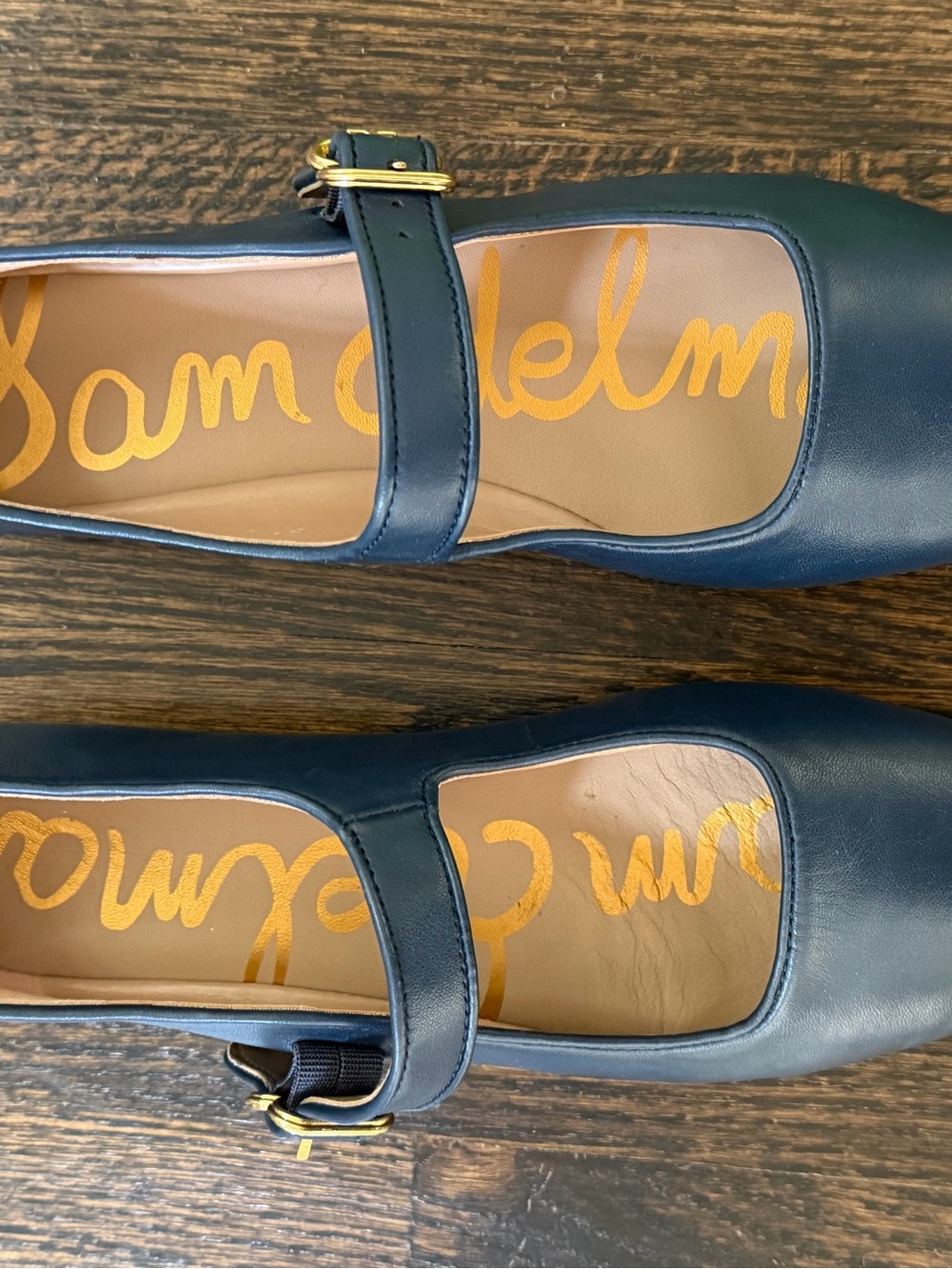 Sam Edelman Michaela Deep Navy Mary Jane Flats with Gold Buckle. - Picture 5 of 6